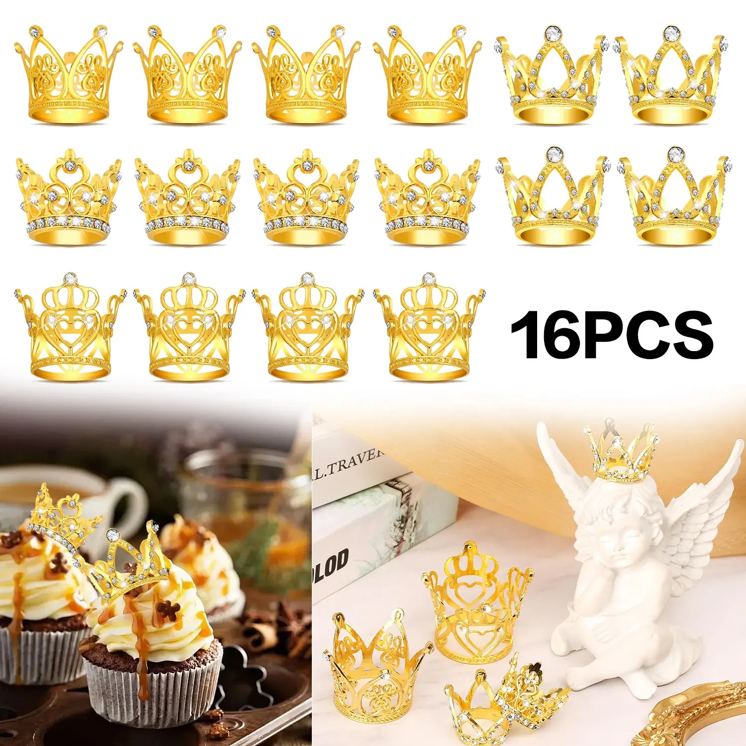 16 Pcs Mini Gold Crown Set -4 different styles, inlaid with rhinestones, suitable for decorating cakes at weddings, dances, and parties