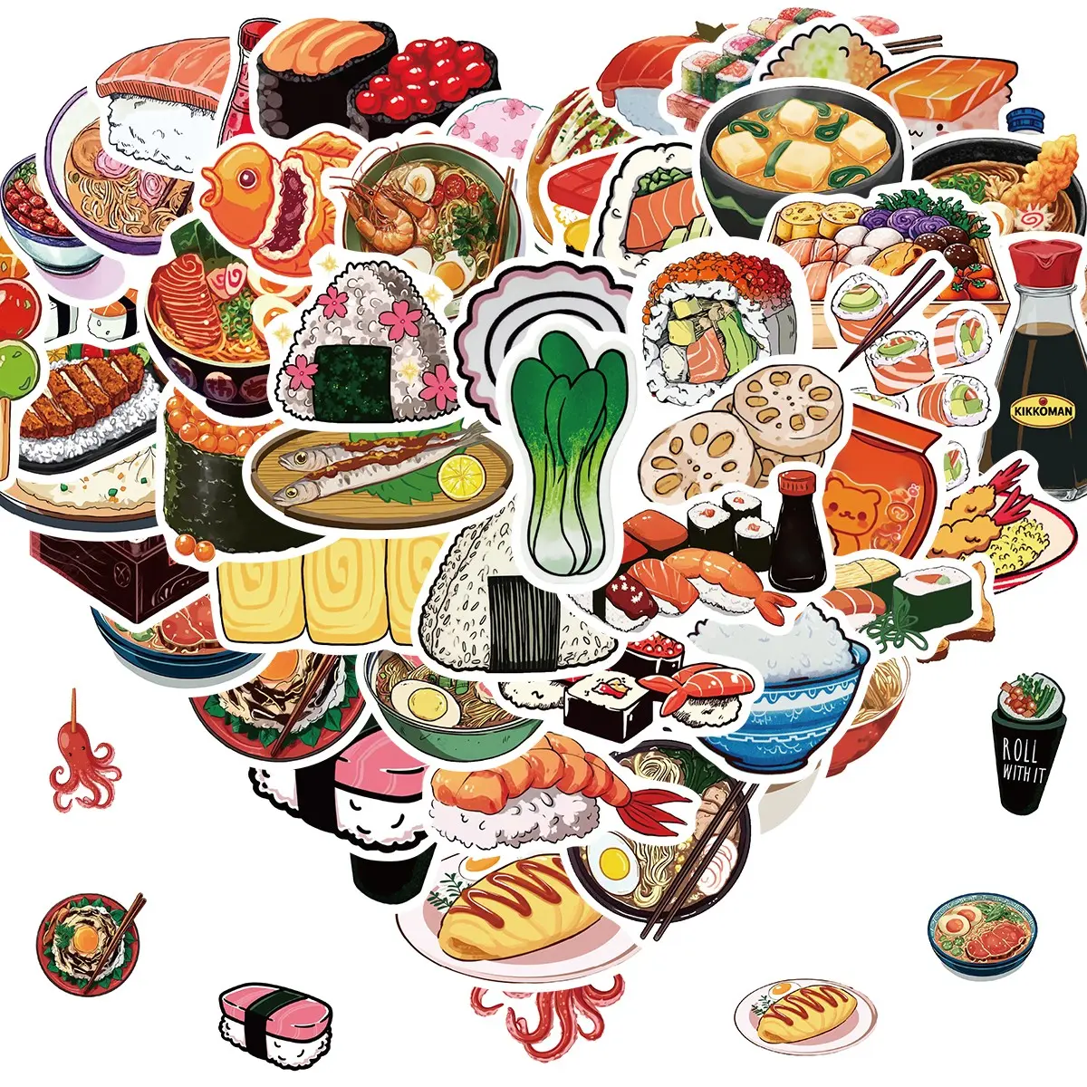 50 Pcs Cute Japanese Food Stickers, Waterproof Vinyl Sushi Ramen Salmon Stickers, for Skateboard Laptop Fridge Luggage, Assorted Designs
