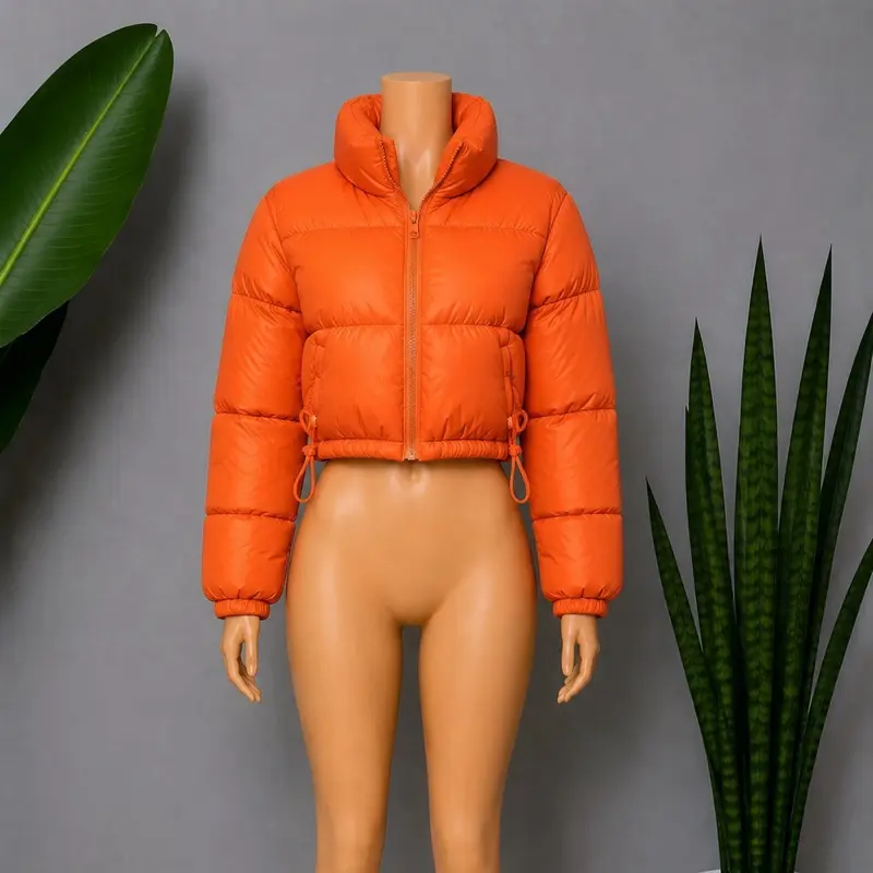 Women's Long-Sleeve Quilted Short Puffer Crop Jacket - Diva Boss Orange, Mock Neck, Side Zipper Pockets, Drawstring, Minimalist Casual Essential Outerwear (Sizing Up Tip Included)