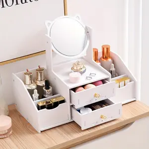 Cat ear makeup mirror with drawers and storage space - Adorable white makeup organizer, desktop makeup mirror for girls - Large mirror + shelf + drawer, perfect for skincare/cosmetics, elegant princess makeup set, dormitory decoration