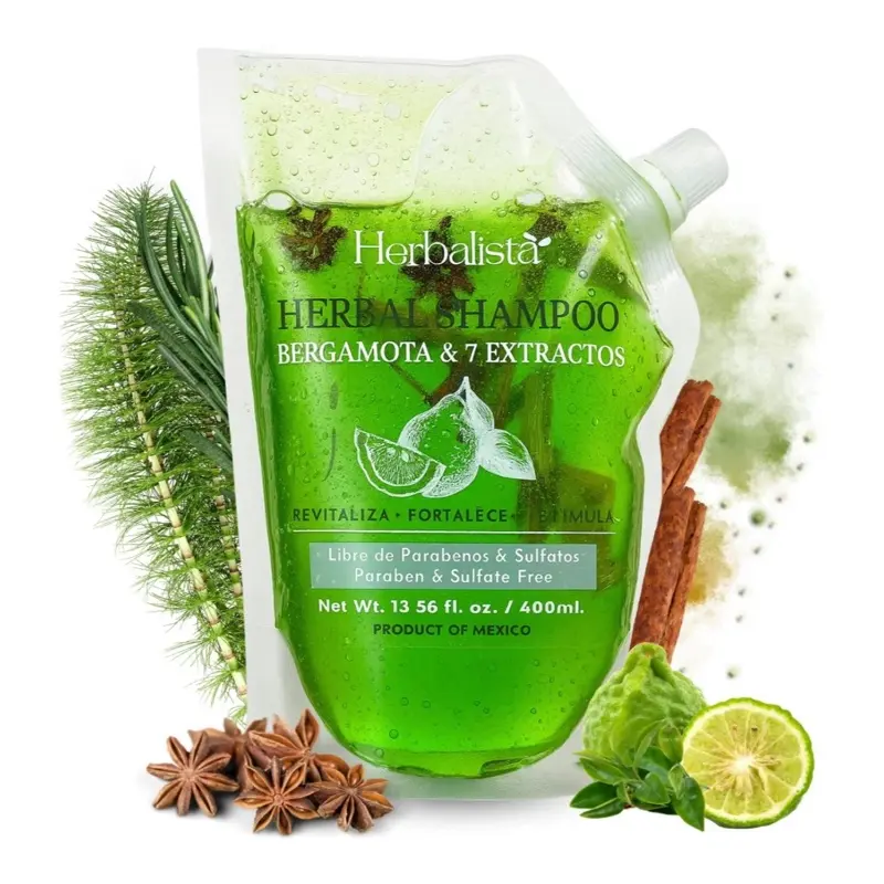 Bergamot Herbal Shampoo 400ml  With 7 Extracts: Rosemary, Ginger, Anise, Green Tea, Horsetail & Cinnamon – Add Herbal Bag to Activate Natural Benefits