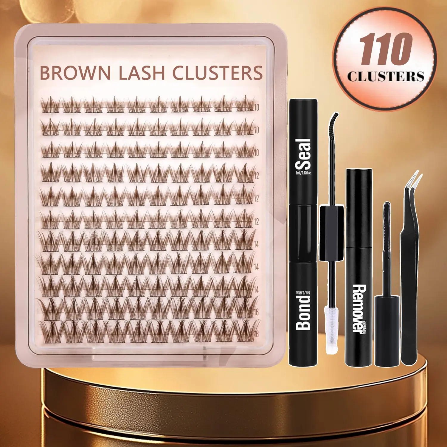 BROWN Cosmetic Eyelash Extension Kit 110 Pcs, False Eyelash Set, DIY Eyelash Extensions, Fine Fiber Lashes D Curl Eyelashes Mixed Lengths 10-16mm, Beginner Friendly with Glue Remover Tweezers