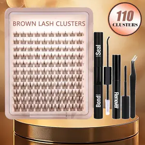 BROWN Eyelash Extension Kit 110 Pcs, DIY Eyelash Extensions, Fine Fiber Lashes D Curl Mixed Lengths 10-16mm, Beginner Friendly with Glue Remover Tweezers