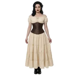 MUSIBEAUTY Vintage Pirate Wench Costume Cream Renaissance Dress with Brown Waist Cincher Gothic Steampunk Long Dress for Cosplay & Halloween Party 6531+7055