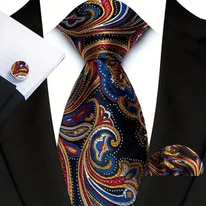 3pcs Men's 3.15 Inch Paisley West Suit Tie Square Cufflink Set