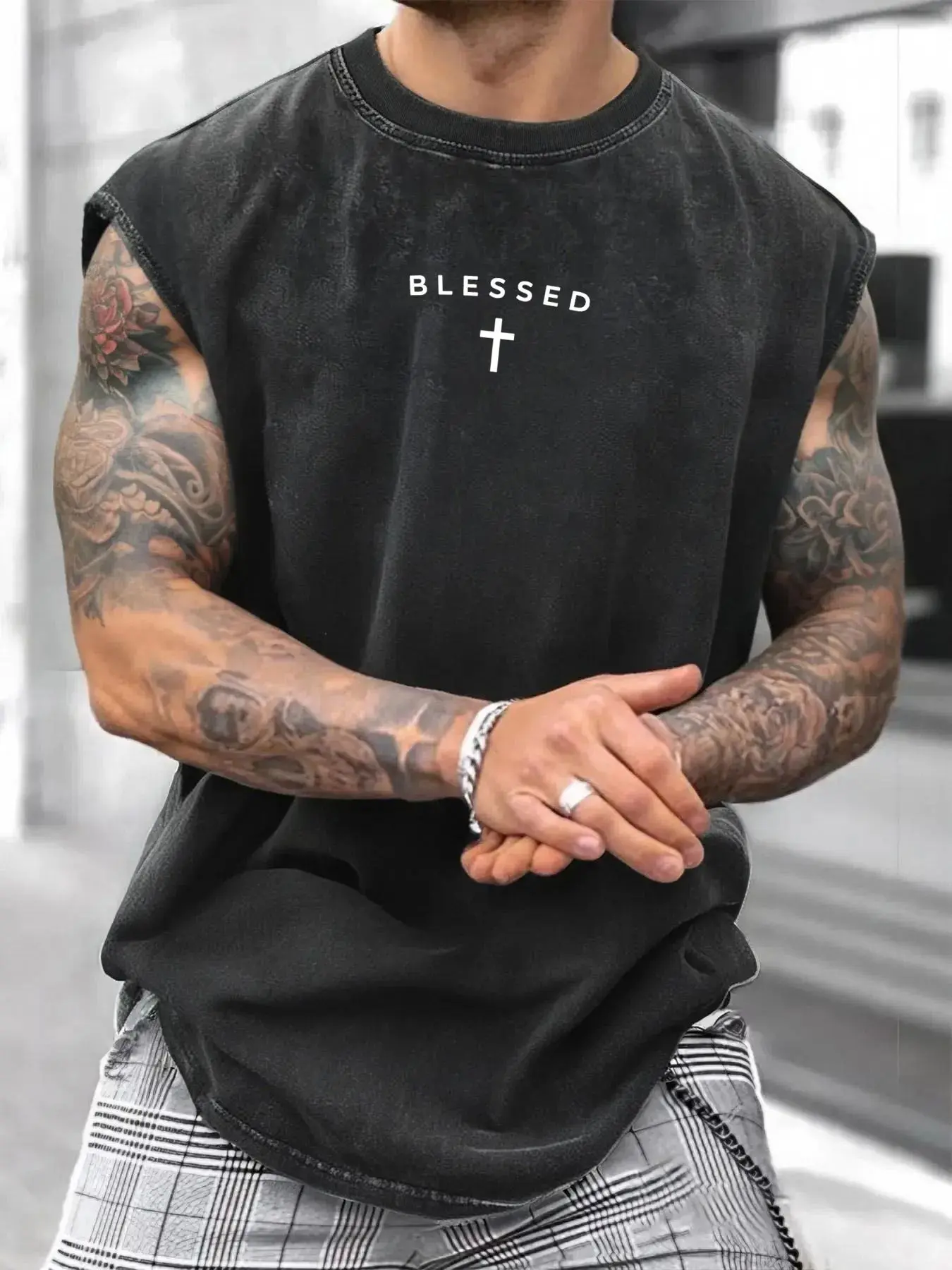 Blessed Cross Graphic Acid Wash Distressed Sleeveless Tank Top - Christian Streetwear Casual Muscle Tee