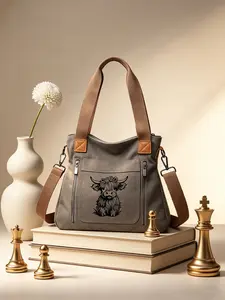 Scottish Highland Cow Print Canvas Bag, Multi-Layer Large Capacity Shoulder Bag, Student School Daily Travel Casual Backpack, Crossbody Shoulder Bag