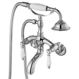 Clawfoot Bathtub Faucet Tub Filler with Hand Held Shower Faucet Set Victorian Double Cross Handle 6 Inch Center Adjustable Swing Arms Tub Mount Short Adapter Polished Chrome