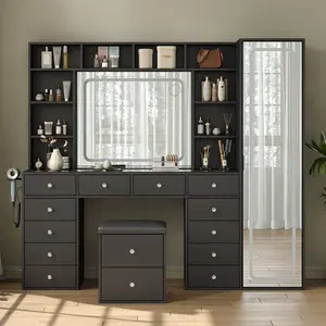 [Shipping by 3 Packages] FUSOU 2-in-1 Vanity Desk Live Flash Sale Full Length Mirror & LED Mirror with Power Outlet, Makeup Vanity 14 Drawers & 10 Shelves, Hidden Storage Capacity, Dimmable & 3 Color Lighting Dressing Table for Bedroom