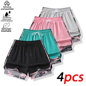 Women’s double-layer running shorts with lining, 4-pack; quick-drying, breathable fitness shorts with built-in liner, suitable for yoga and workouts. dolphin, Mid Waist, Camouflage Print, Polyester Blend,summervibes