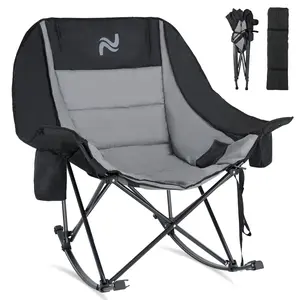 [ SummerVibes ] SLSY Oversized Rocking Camping Chair, Outdoor Rocker Padded Recliner Folding Lawn Chaise, with Side Pockets & Carry Bag for Patio Backyard