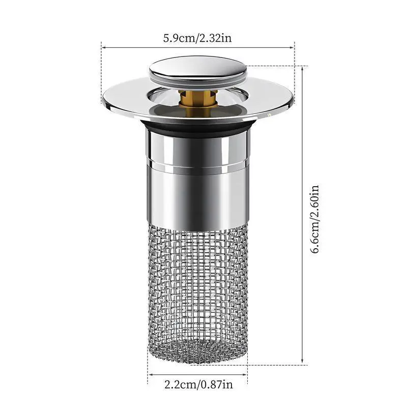 Modern stainless steel anti-odor bathroom sink stopper with bouncing core and brass pop-up drain plug for bathtubs and home goods; universal bathtub drain stopper; bathroom sink strainer