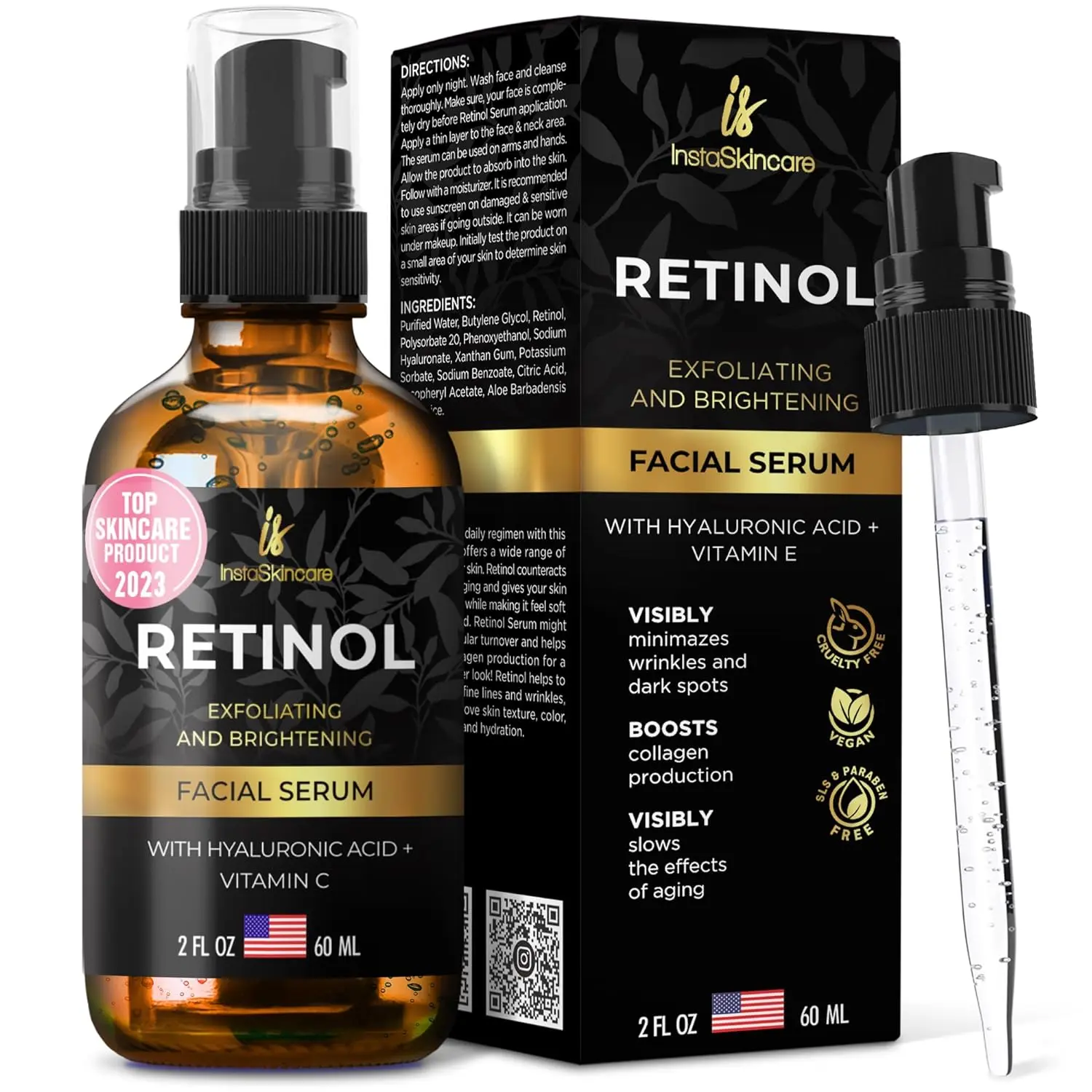 DOUBLE SIZED (2Oz) Retinol Serum for Face with Hyaluronic Acid + Vitamin E and A + Aloe Vera Anti-Aging Serum Pore Tightener Fade Dark Spots Clinical Strength Formula by InstaSkincare Skin Repair Comfort
