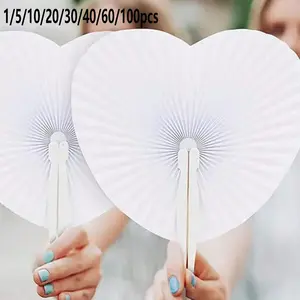 1/5/10/20/40/60/100pcs Heart-Shaped Folding Paper Fans, Summer Handheld Fan, Wedding Decoration, Plastic Handle, Perfect for Weddings, Birthdays, DIY Gifts