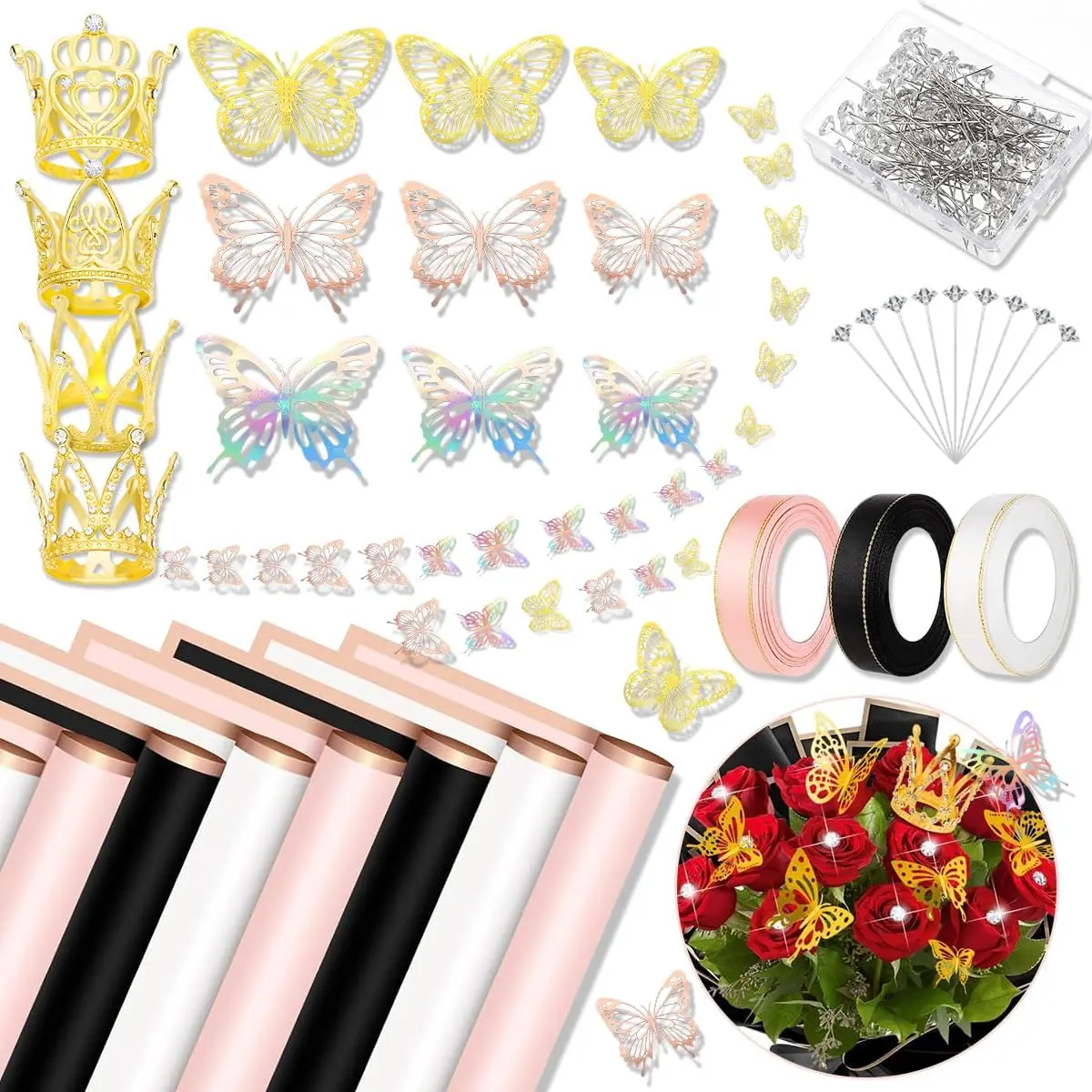 Floral Theme Waterproof Flower Wrapping Paper Set (60 Sheets) - Black, Pink, Beige Bouquet Wrapping Supplies with Ribbons, Flower Pins, 3D Butterflies, Crowns for Florists