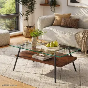 Modern Arch Rectangle Flat-Top Coffee Table - Tempered Transparent Glass Tabletop with Smooth Glass Edges, Black Metal Legs, No Single Box - Indoor Living Room Modern Furniture