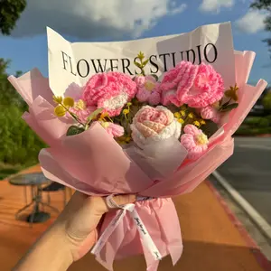 Handmade Crochet Carnations & Roses Bouquet with Gift Bag, Artificial Bouquets Mixed Flower, Fake Flowers, Perfect Gift for Mom, Women, Birthday, Teacher's Day, Christmas, Home Decor, Adorable Stuffed Bouquet