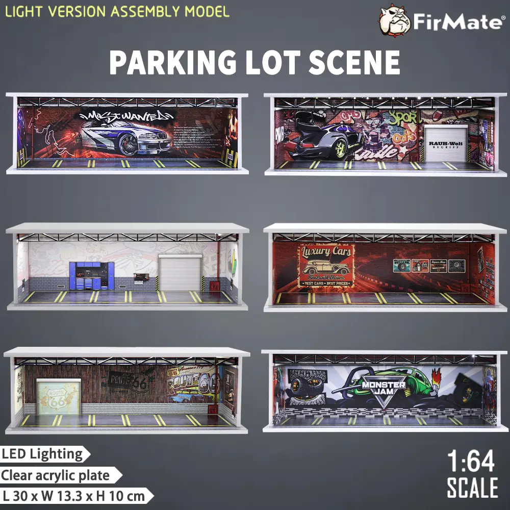 1/64 scale die-cast model car scenarios display case with LED light and Acrylic Cover, Scenes Parking lot diorama storage garage box with 6 Parking Spaces