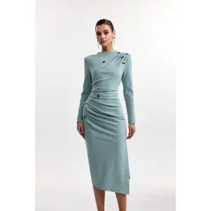 Bella Barnett Nina Elegant Cinched Waist Long Sleeve Sequin Floral Pleated Knit Midi Dress