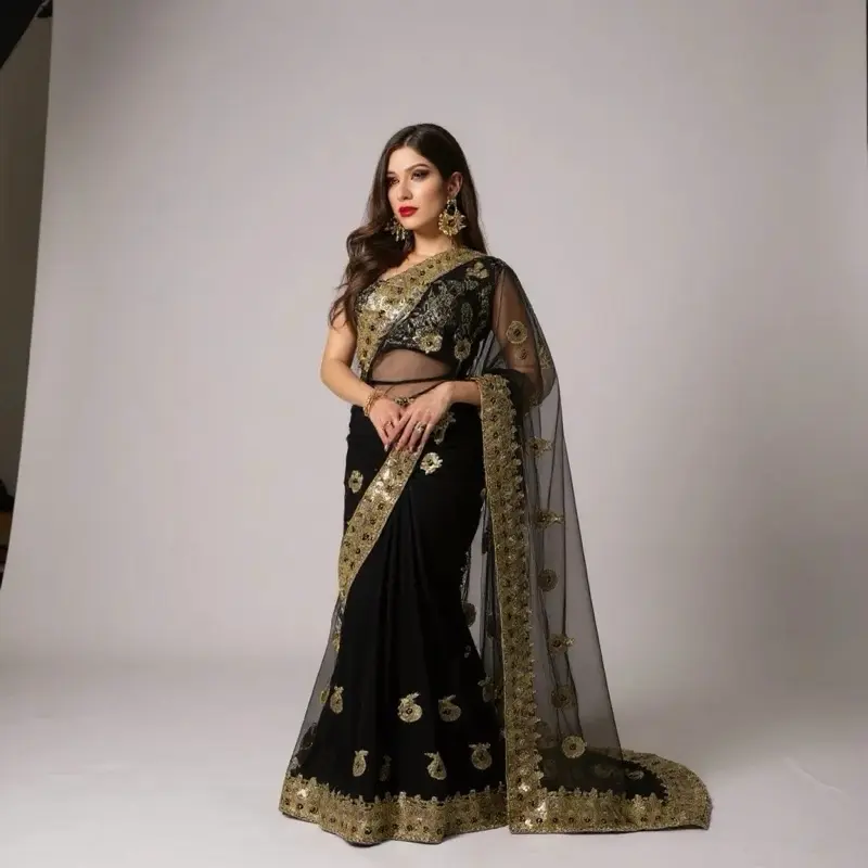 Women's Modest Traditional Net Fabric Saree - 2-Piece Formal Women's Clothes with Gold Zari Embroidery, Matching Blouse, Accessories, Elegant Soft Comfortable Clothes