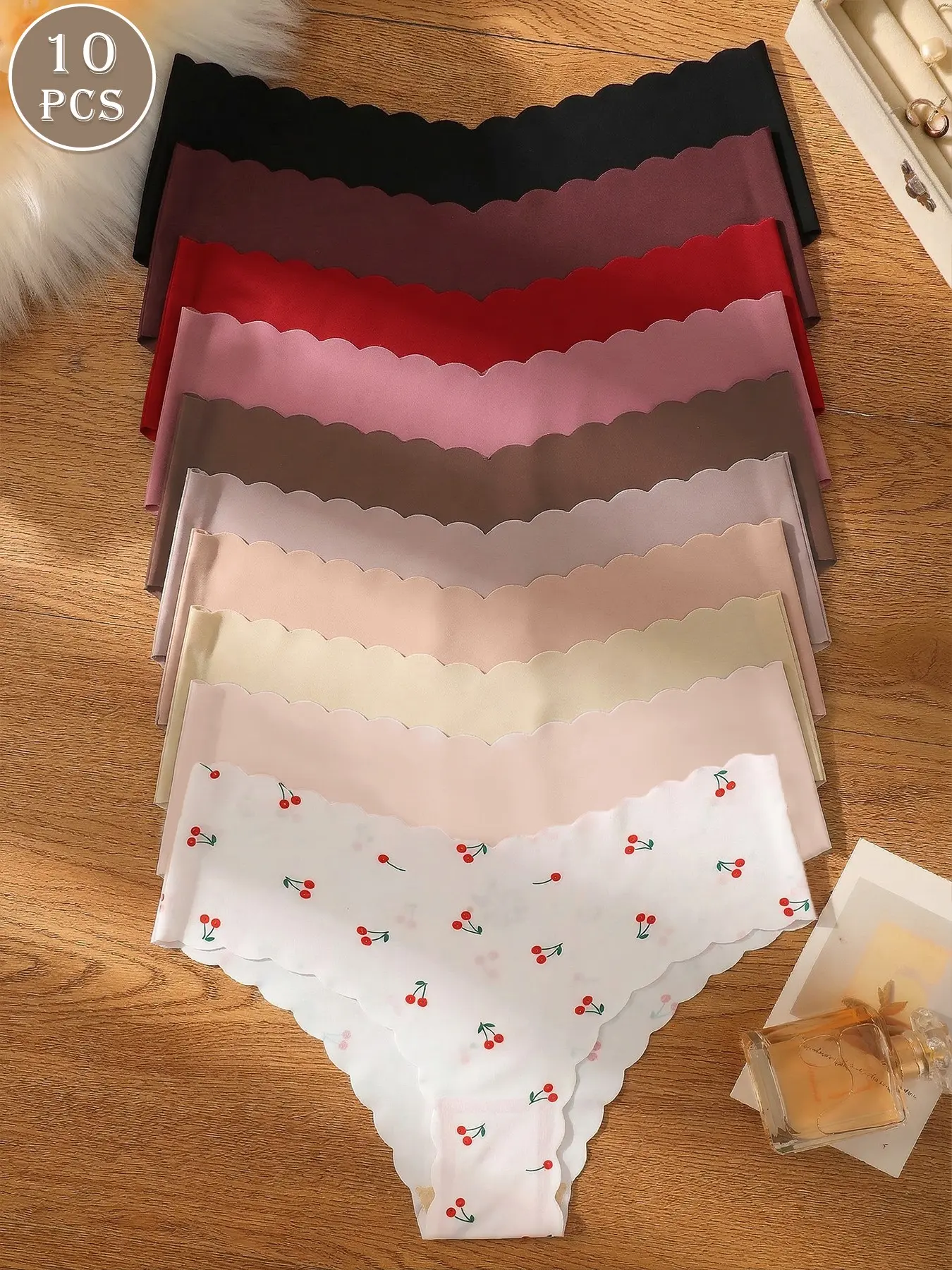 10 Pack Women's Underwear Scallop Edge Seamless Cherry Print Soft Comfort Invisible Briefs