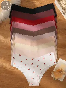 10 Pack Women's Scallop Edge Seamless Cherry Print Soft Comfort Invisible Briefs