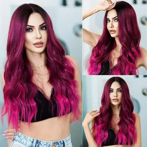 Long Hot Pink Wavy Wig for Women 26 Inch Middle Part Red Curly Wavy Wig Natural Looking Synthetic Heat Resistant Fiber Wig for Daily Halloween Cosplay Party Use (26 Inch, Ombre Pink Red)