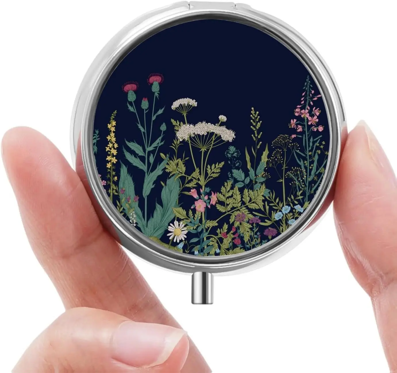 Mini Pill Box Small Pill Box Cute Pill Organizer for Vitamins Medications Fish Oil and Supplements Black Flowers Portable Metal Shell Food Grade Plastic