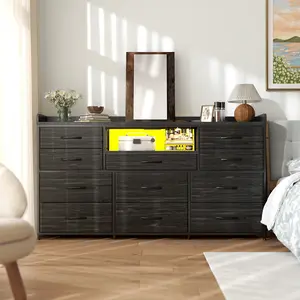 【BlackFriday Flash Sale】Raybee Dresser for Bedroom 11 Drawers, with LED Lights & Power Outlets , with Shelves & 4 Hooks,Sturdy Chest of Drawers Furniture