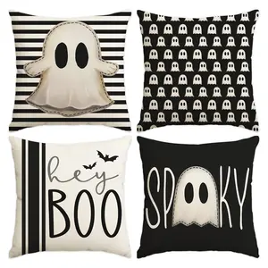 4pcs Halloween Pillow Cover, Trick or Treat, Happy Halloween Black Cat Pillow Cover, Halloween Night Ghost Stripe Decorative Sofa Cushion Cover, Suitable for Bedroom, Living Room, Sofa, Farmhouse, Bed, Car Decoration Pillow Cover (No Pillow Core)