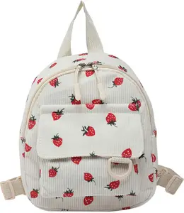 Corduroy Mini Backpack Strawberry Backpacks for Womens Girls, Small Backpack Cute Backpacks Purse with 2 Pocket (Strawberry, White)