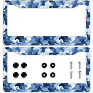 2 Pack Rust-Proof Stainless Steel Metal License Plate Frame Blue Camo Camouflage Hunter Army Navy License Plate Frames Personalise Funny Decor Car Plates Tag Men Women License Plate Frames
