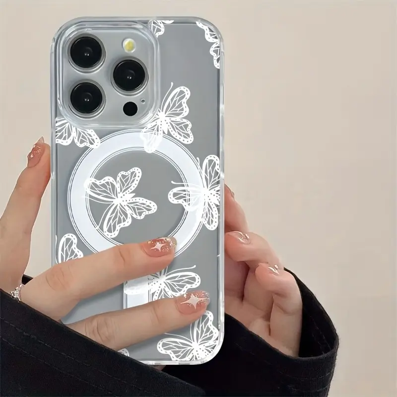 Pretty Butterfly Compatible with iPhone 16 15 Pro Max Plus 14 13 12 mini 11 X XR XS Beautiful Gift Durable shockproof Anti-Scratch PC Protective Case Design Offers Shockproof Supports Magnetic Wireless Charging, Butterflies, Smartphone, Protection