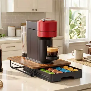 EVERIE Low Profile 3" Coffee Pod Drawer Compatible with Nespresso Vertuo Holds 24 Capsules Wood Top Metal Frame