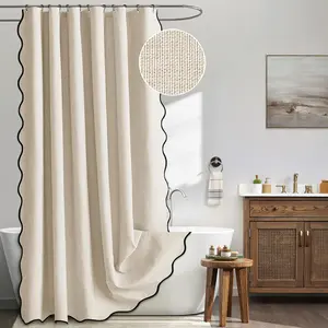 Beige Scalloped Shower Curtain Linen Textured with 12 Metal Hooks Cute Heavy Duty Washable  Neutral Thick Cloth Shower Curtains with Black Border for Bathroom Hotel Bathtub,W72*L72