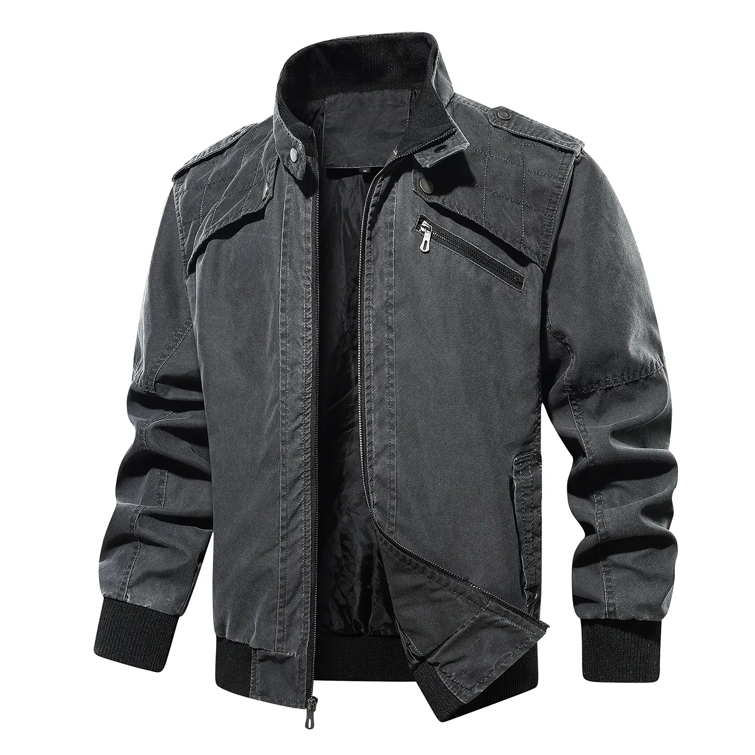 Men's Vintage Washed Military Bomber Jacket, Full Zip Stand Collar Outerwear with Quilted Shoulders and Zipper Pockets for Fall Wear