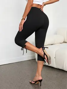 HIJESSE Women's High Waist Capri Leggings with Side Bow Ties, Snatched Fit, Stretchy & Non-See-Through, For Casual Outings, Brunch, Yoga & Streetwear, Coquette Athleisure Style, Spring & Summer, Viral Y2K It-Girl Leggings
