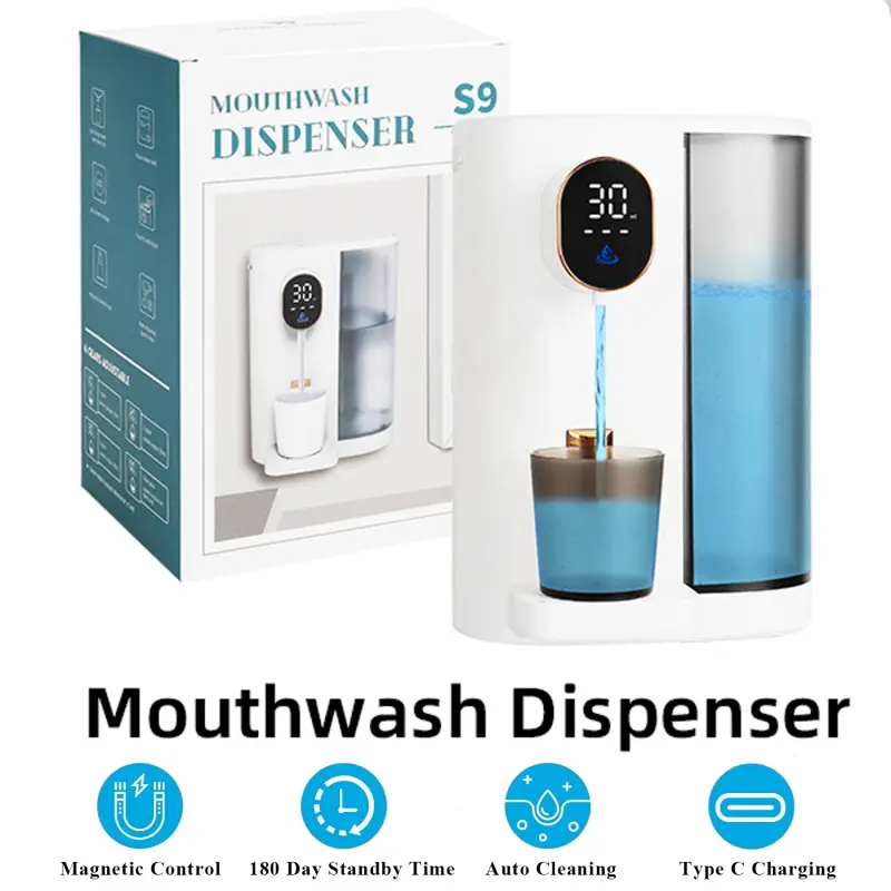 Electric Mouthwash Dispenser 600ML, Desktop/wall-Mounted, LED Display, Magnetic Cups, Touch Control, Bathroom Installation, Auto Cleaning, Type C Charging