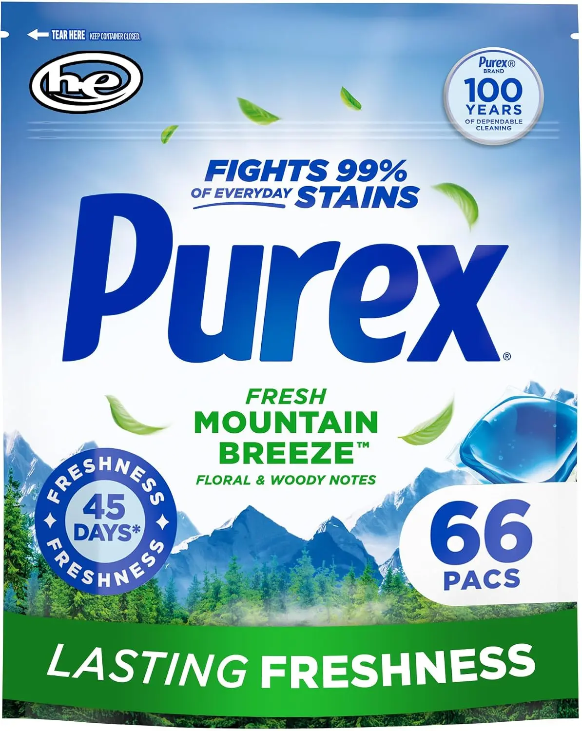 Fresh Mountain Breeze Laundry Detergent Pacs - Home Care Supplies, 66 Count Pre-Measured Single Dose Pac Form