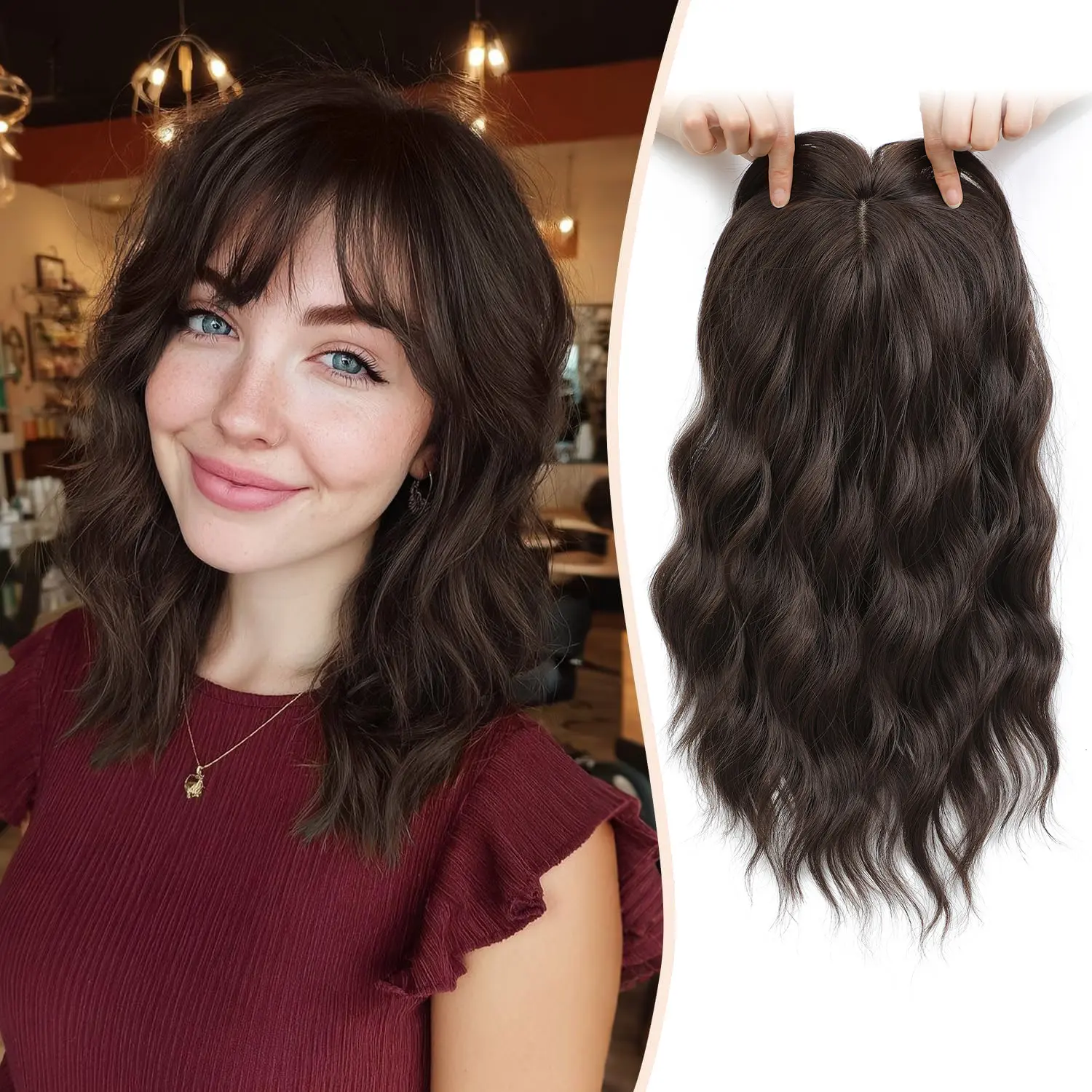 14" Short Wavy Hair Topper with Bangs for Thinning Hair, Natural Volume Lightweight wavy topper with bangs adds natural volume and blends seamlessly for comfortable daily wear