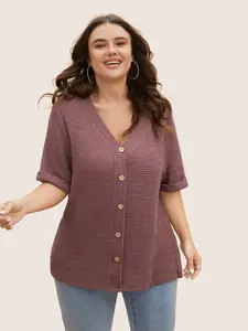 Women's Plus-Size Spandex Basic Shirt Blouse Textured Button Detail Cuffed Short-Sleeve Top 2026 Summer Turn-Up Fit for Lady Mothers [M-6X] 2026 Summer Vibes Garment Fabric Swimweek