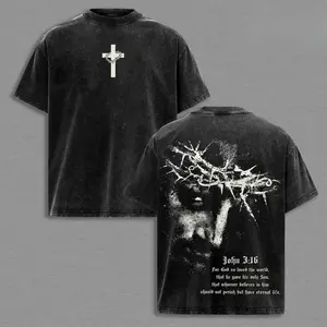 John 3:16 Jesus Crown of Thorns Vintage Washed Oversized T-Shirt, Heavy Cotton Christian Faith Graphic Tee, Religious Streetwear Shirt, Biblical Scripture Apparel, Unisex Gospel Gift for Believers