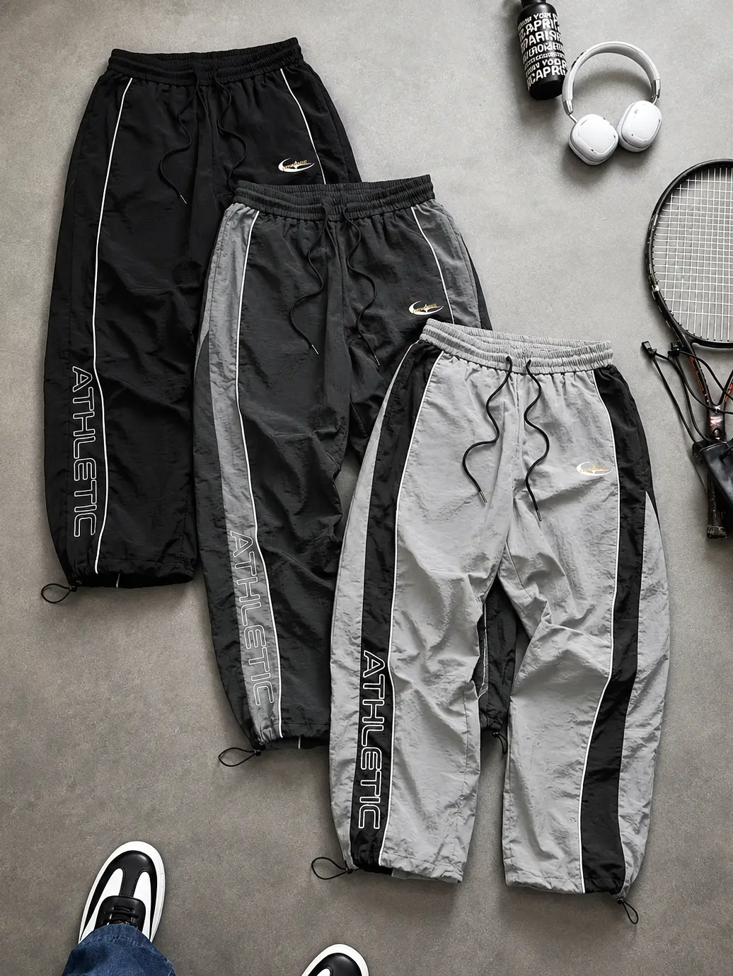 Mens Contrast Piping Patchwork Track Pants, Adjustable Drawcord Hem Lightweight Breathable Loose Fit Joggers, Summer Casual Streetwear Sports Training Running Travel Outdoor Long Trousers with Elastic Waist Side Pockets, Unisex Everyday Activewear Bottoms