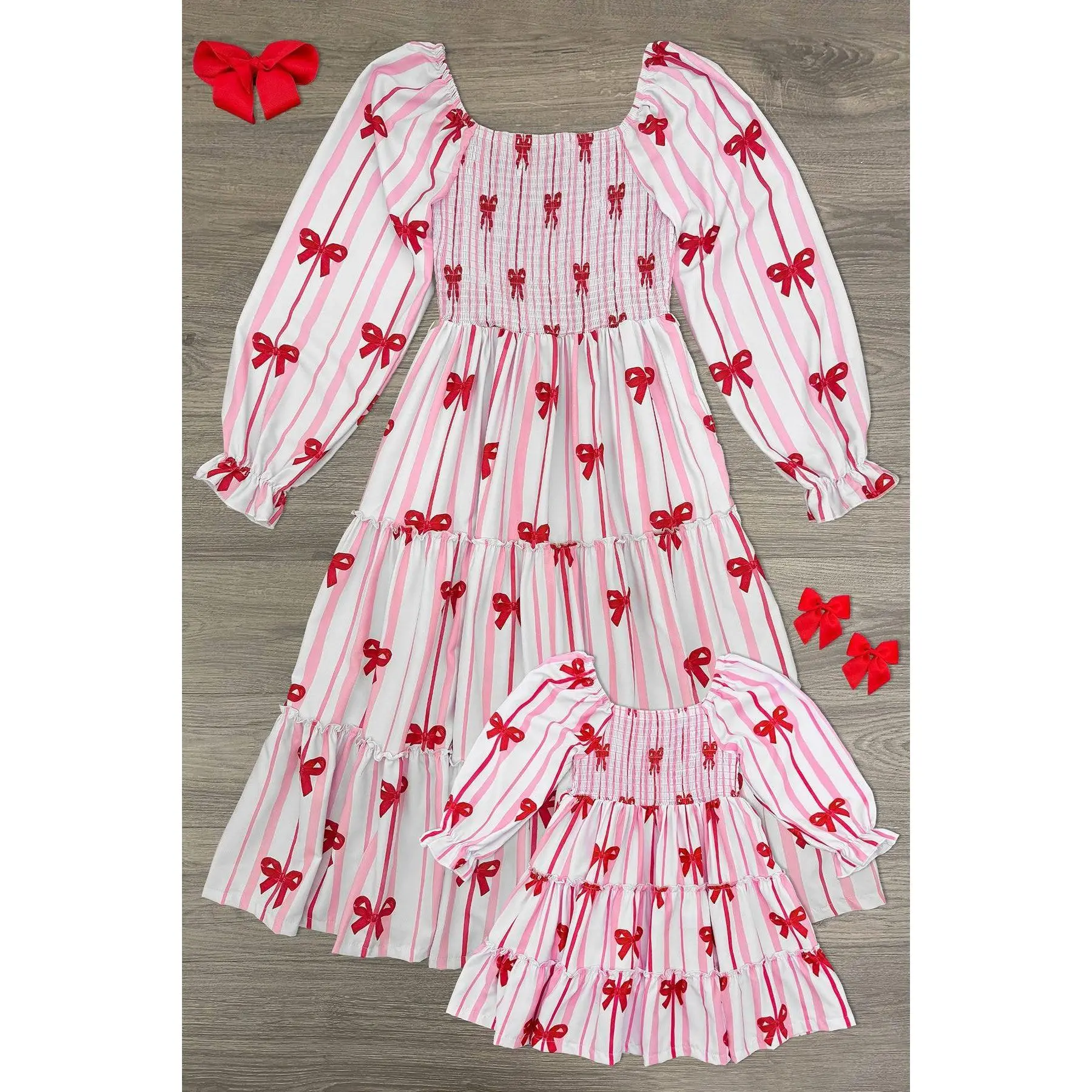 Family Clothing Sets - Mom & Me Cute Clothes Set, Long Sleeve Striped Pink Bow Casual Women's Dresses with Comfy Soft Breathable Fabric, Girly Clothing, Valentine’s Day, Family Outfits, Stripes, Easy Dressing, Pink Bow Design, Cute Family Clothing Sets