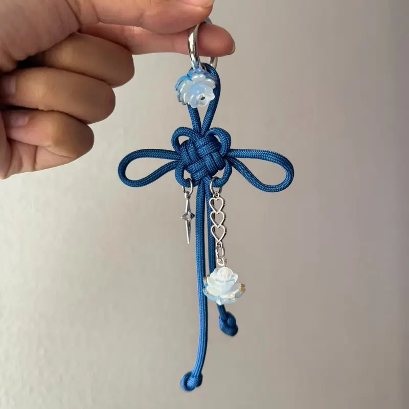 Chinese Fortune Knot Keychain - Handmade Blue Paracord with Stainless Steel Lotus Charm, Good Luck Gift, Bag Accessory, Keychain Accessories