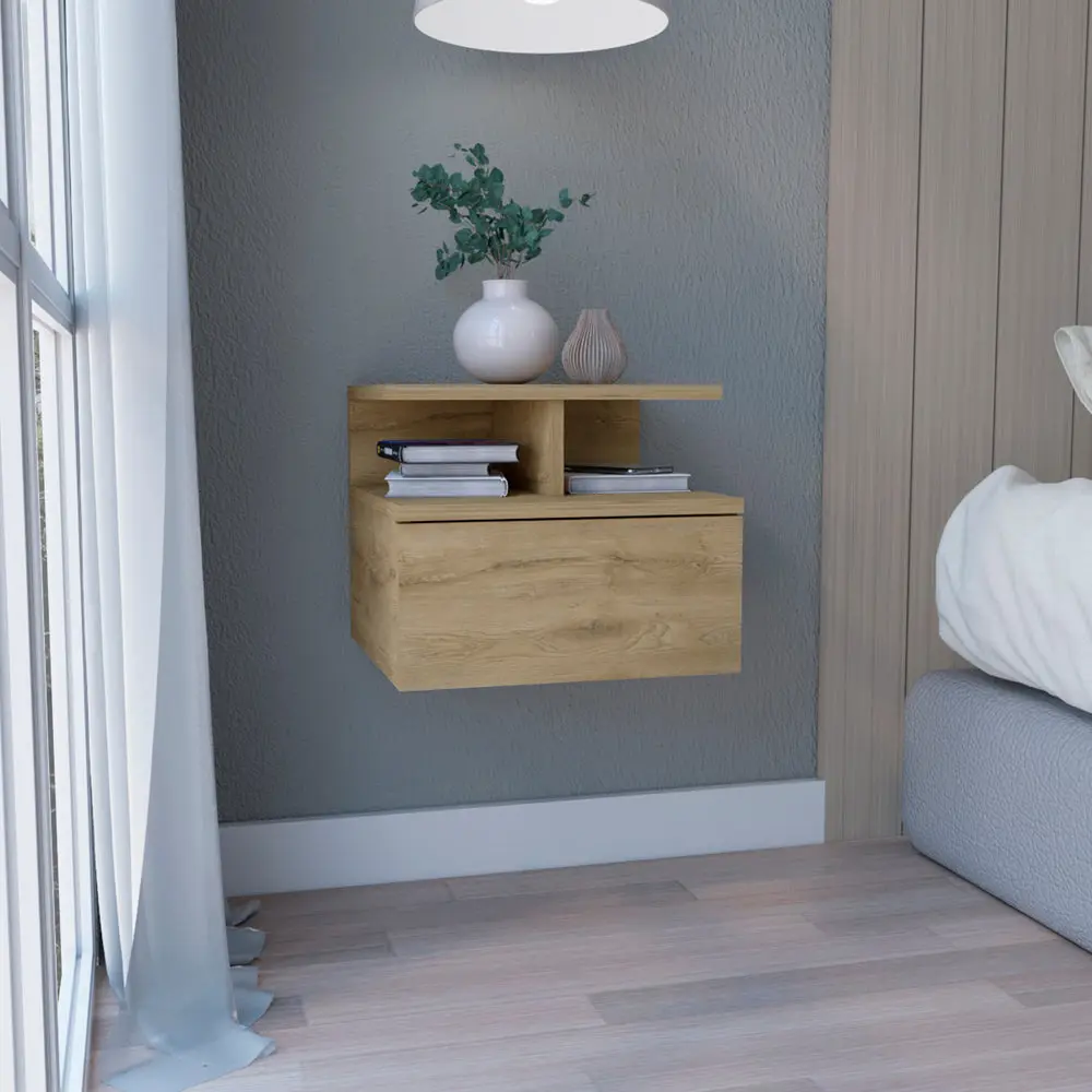 Dreamzon furniture Floating Nightstand 12"H, Wall Mounted with Single Drawer and 2-Tier Shelf, Macadamia
