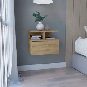 Dreamzon furniture Floating Nightstand 12"H, Wall Mounted with Single Drawer and 2-Tier Shelf, Macadamia