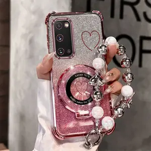 S20 Elegant PC Fashion Strap Lanyard Phone Holder Case Phone Accessories For Compatible With Samsung Galaxy S20 Lovely Heart Pattern Stand Cover