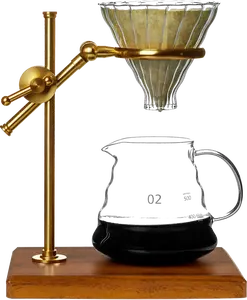 L'ÉPICÉA Pour Over Coffee Maker Set with Adjustable Stainless Steel Stand Wooden Base Paper Filters Cone Glass Carafe V60 Dripper Brewing Precision Tea Gold-Single-Jointed