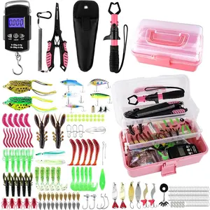 3-Layer Pink Fishing Tackle Box with Tackle Included, Fishing Tools Kit Includes Pliers Fish Lip Gripper Scale Crankbait Spinnerbaits Soft Baits Hooks, Ideal Gift  Angler Saltwater Freshwater